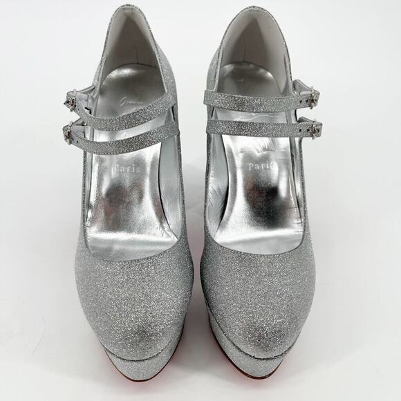 Christian Louboutin Silver Glitter Movida Jane Platform Mary Jane Pump EU 38.5 - Picture 5 of 15